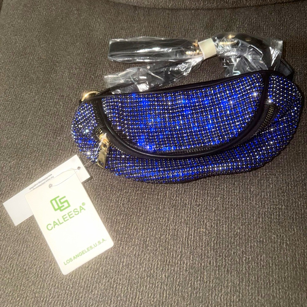 CALEESA Blue Rhinestone Faux Leather Crescent Crossbody Zip Adjustable Strap